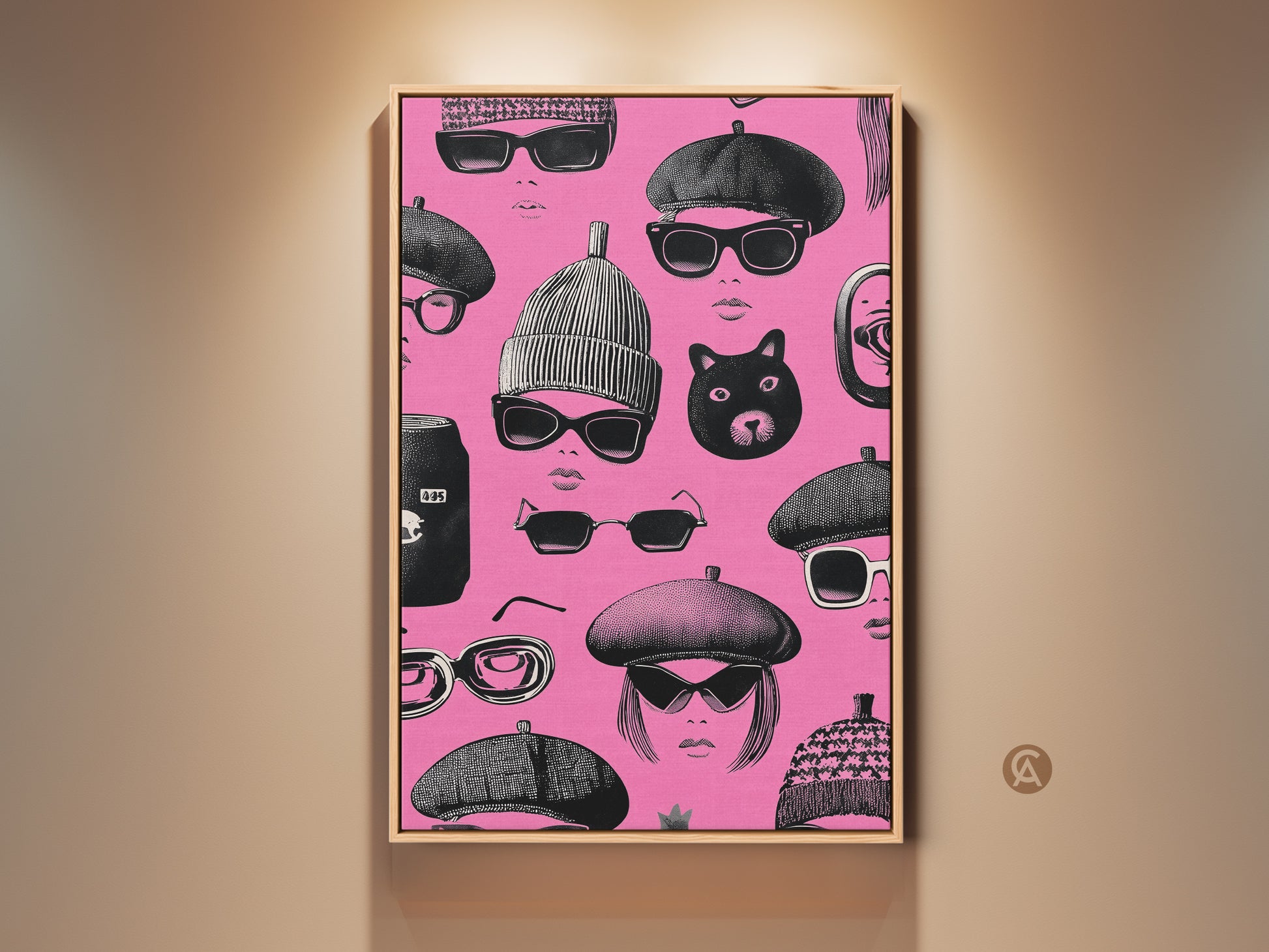 Framed retro pop art print. The black and pink faces with sunglasses and berets create an eclectic fashion statement. This wall art would make a great gift for her. The hot pink background makes the black details pop in this unique wall hanging.