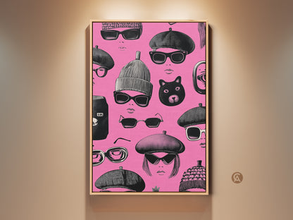 Framed retro pop art print. The black and pink faces with sunglasses and berets create an eclectic fashion statement. This wall art would make a great gift for her. The hot pink background makes the black details pop in this unique wall hanging.