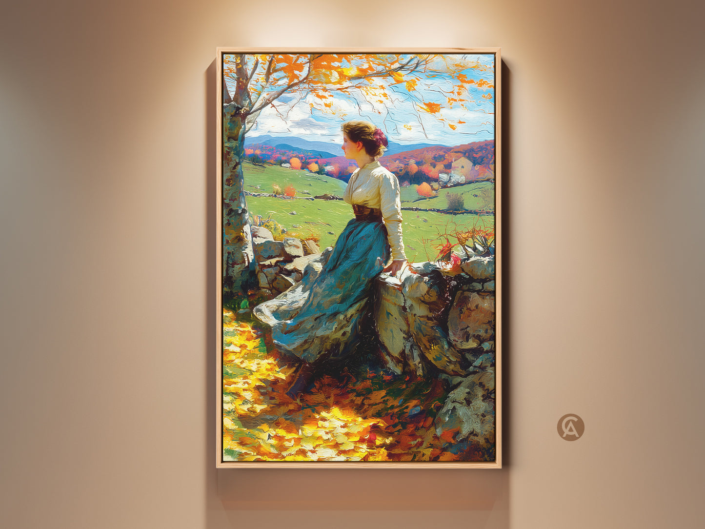 A vintage artwork of a woman sitting on a stone wall. She overlooks a serene autumn landscape. The colors are rich with fall foliage and distant hills. This framed canvas art brings a touch of classic elegance to any room. Perfect for adding a peaceful artistic touch to your home decor.