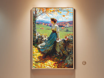A vintage artwork of a woman sitting on a stone wall. She overlooks a serene autumn landscape. The colors are rich with fall foliage and distant hills. This framed canvas art brings a touch of classic elegance to any room. Perfect for adding a peaceful artistic touch to your home decor.