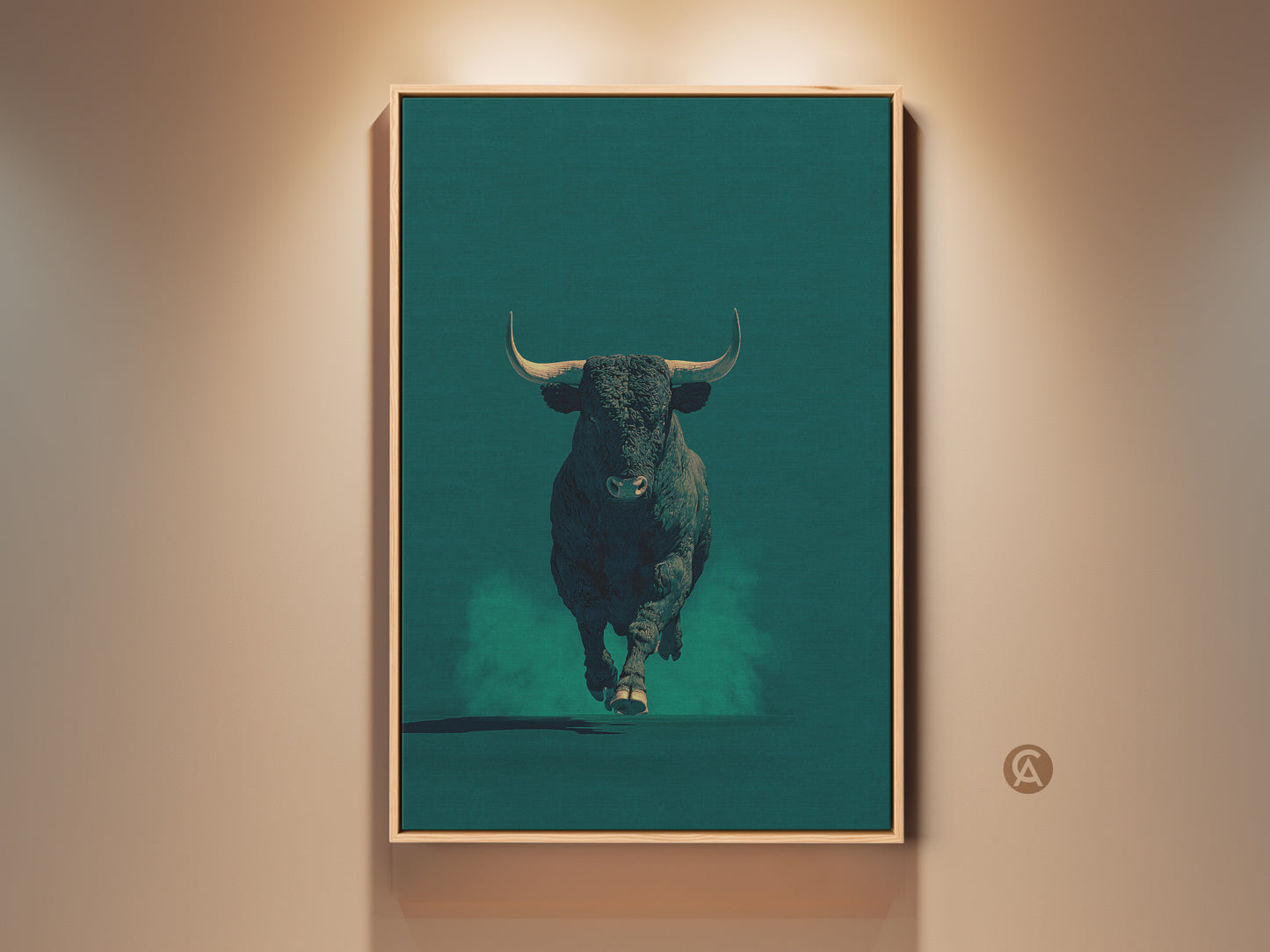 Framed modern bull canvas art in dark teal. This animal print is perfect for office decor. It makes a great gift for business owners. The wildlife artwork adds a bold statement to any room. It is a modern art piece.
