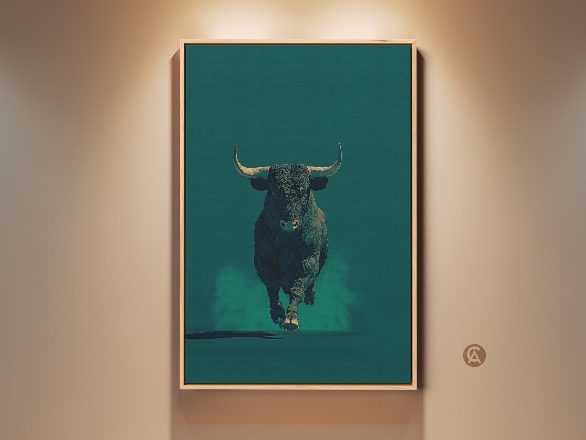 Framed modern bull canvas art in dark teal. This animal print is perfect for office decor. It makes a great gift for business owners. The wildlife artwork adds a bold statement to any room. It is a modern art piece.