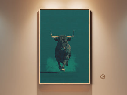 Framed modern bull canvas art in dark teal. This animal print is perfect for office decor. It makes a great gift for business owners. The wildlife artwork adds a bold statement to any room. It is a modern art piece.