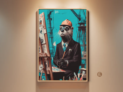 Framed teal brown otter artist wall art. The surreal otter canvas art is showcased indoors. It's perfect eclectic workplace decor for builders and creatives. This office art adds a unique touch.