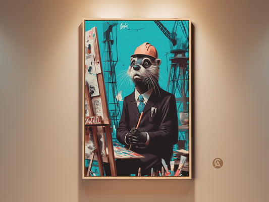 Framed teal brown otter artist wall art. The surreal otter canvas art is showcased indoors. It's perfect eclectic workplace decor for builders and creatives. This office art adds a unique touch.