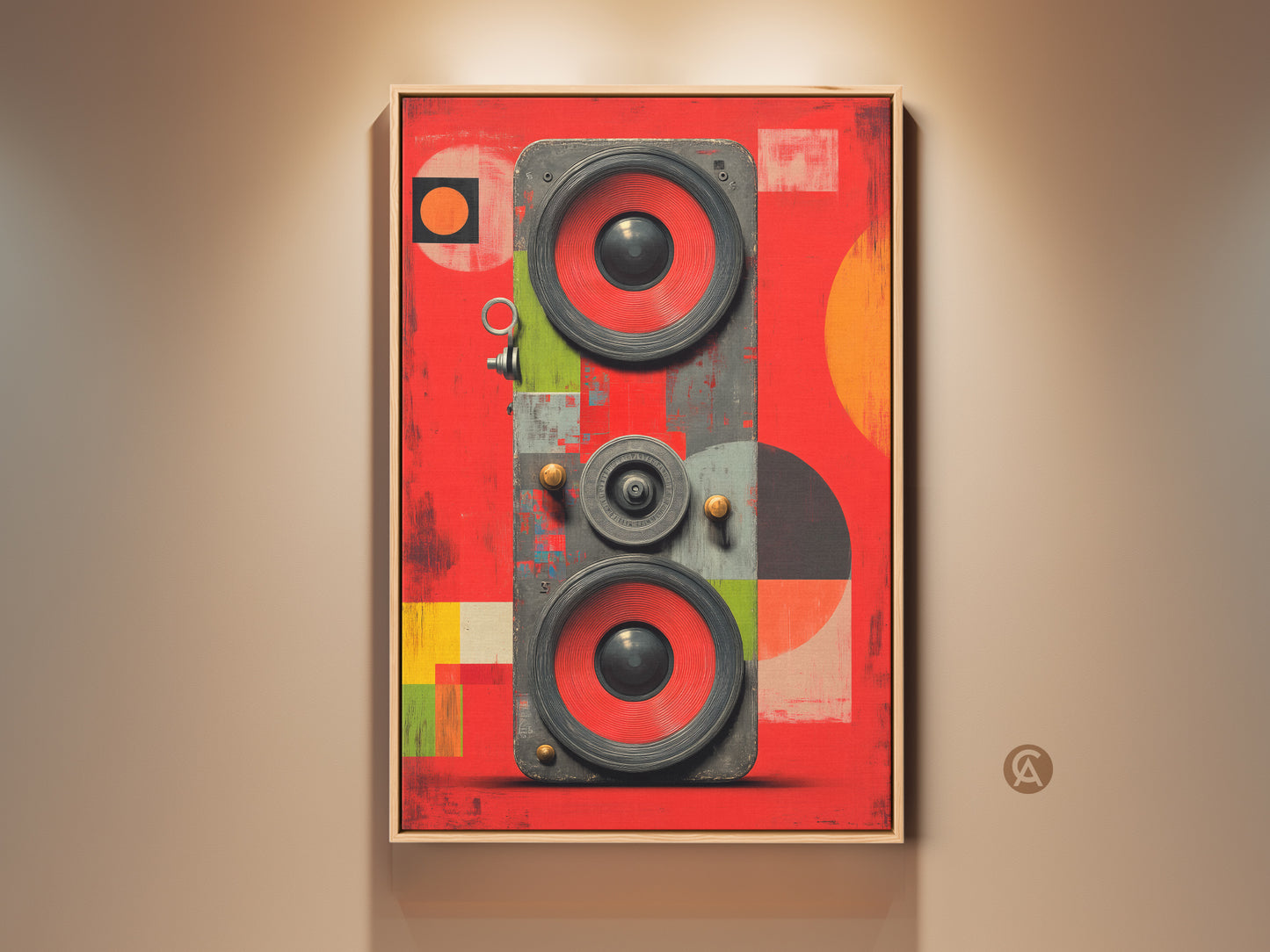 Vibrant retro speaker artwork in a wooden frame. This abstract geometric sound wave canvas features red orange and green tones. A perfect eclectic gift for music lovers it enhances any office or home space.