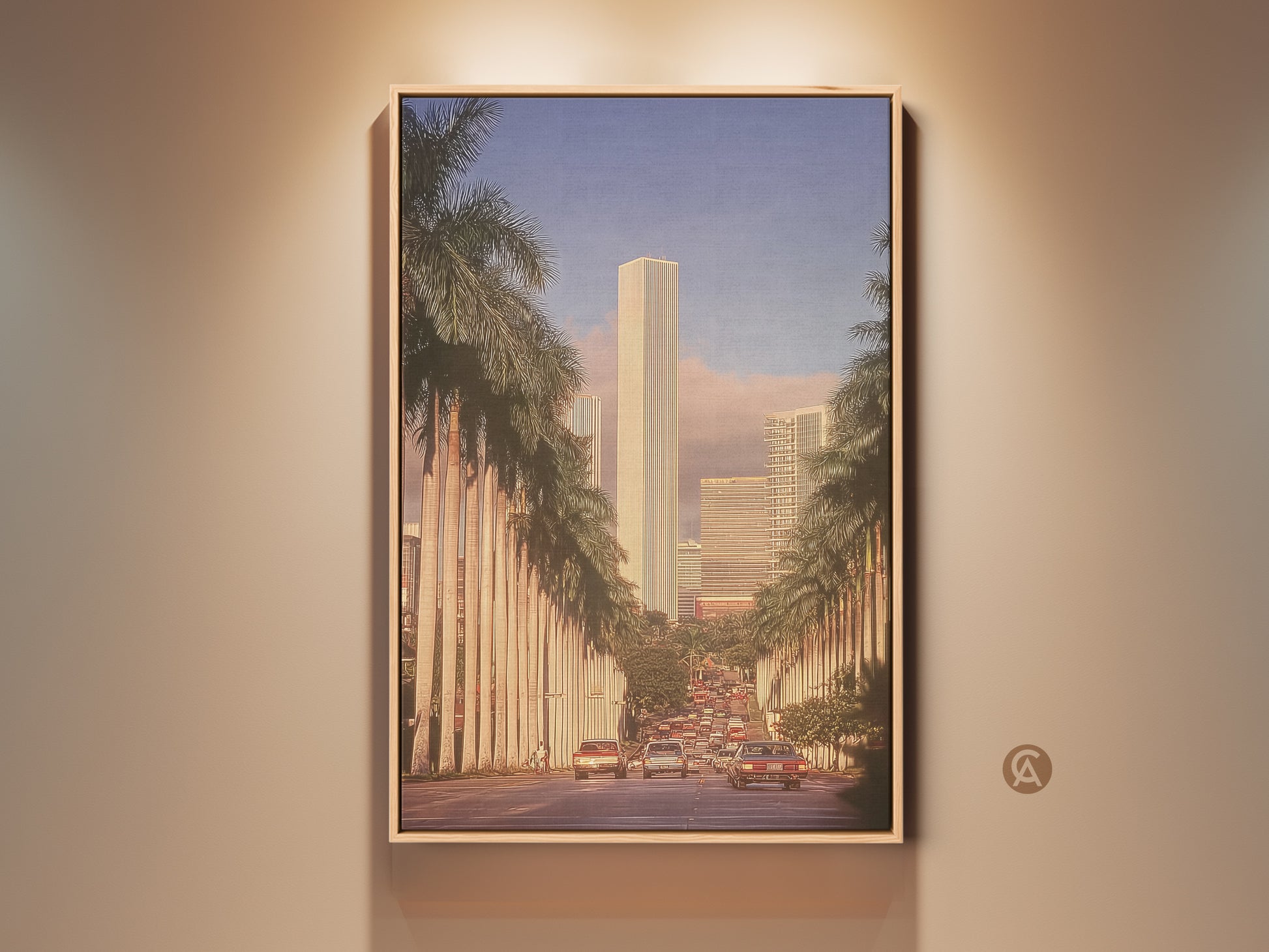 Experience a retro cityscape art print featuring skyscrapers and palm trees. Bathed in golden hour light this mid-century modern artwork captures a vintage urban scene. Perfect as a travel gift or earth tone home decor adding a touch of tropical charm.