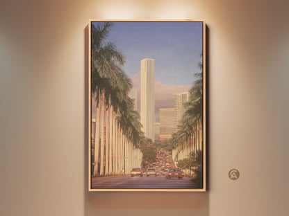 Experience a retro cityscape art print featuring skyscrapers and palm trees. Bathed in golden hour light this mid-century modern artwork captures a vintage urban scene. Perfect as a travel gift or earth tone home decor adding a touch of tropical charm.