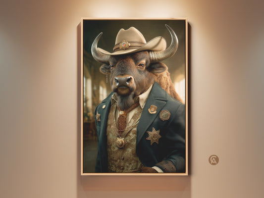 Gallery view of a surreal buffalo sheriff portrait. This eclectic animal art print features a buffalo dressed as a western cowboy. A unique man cave decor idea with tan blue and brown tones. Perfect as a housewarming gift western or dark academia wall art.
