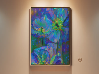 Framed abstract floral canvas art in teal blue and green hues. This bohemian poppy anemone wall print enhances bedroom decor. Impressionistic flower painting adds nature-inspired elegance. A vibrant botanical artwork in a wooden frame complements eclectic home styles. Perfect housewarming gift for plant lovers.