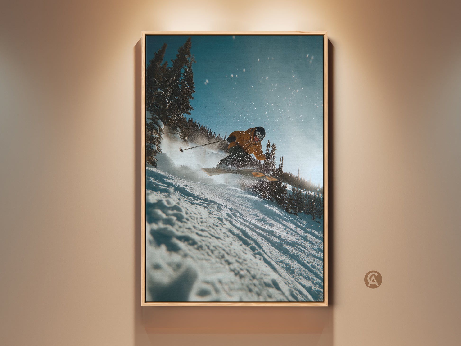 Experience the thrill of winter sports with this captivating ski art. This framed artwork captures a skier in action. They carve through fresh powder on a sunny slope. Perfect for adding an adventurous touch to any room. Get yours today