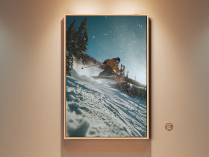 Experience the thrill of winter sports with this captivating ski art. This framed artwork captures a skier in action. They carve through fresh powder on a sunny slope. Perfect for adding an adventurous touch to any room. Get yours today