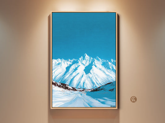 Framed abstract snowy mountain art print. A deep blue sky canvas wall art enhances this contemporary winter landscape. Nature artwork is perfect for home decor. The frame is oak.