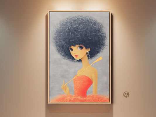 Framed Afro woman wall art in vintage art deco style. This portrait print adds a touch of retro glamour to any bedroom decor. The orange and gold colors pop. It's an eclectic and stylish choice for a birthday gift or statement piece.