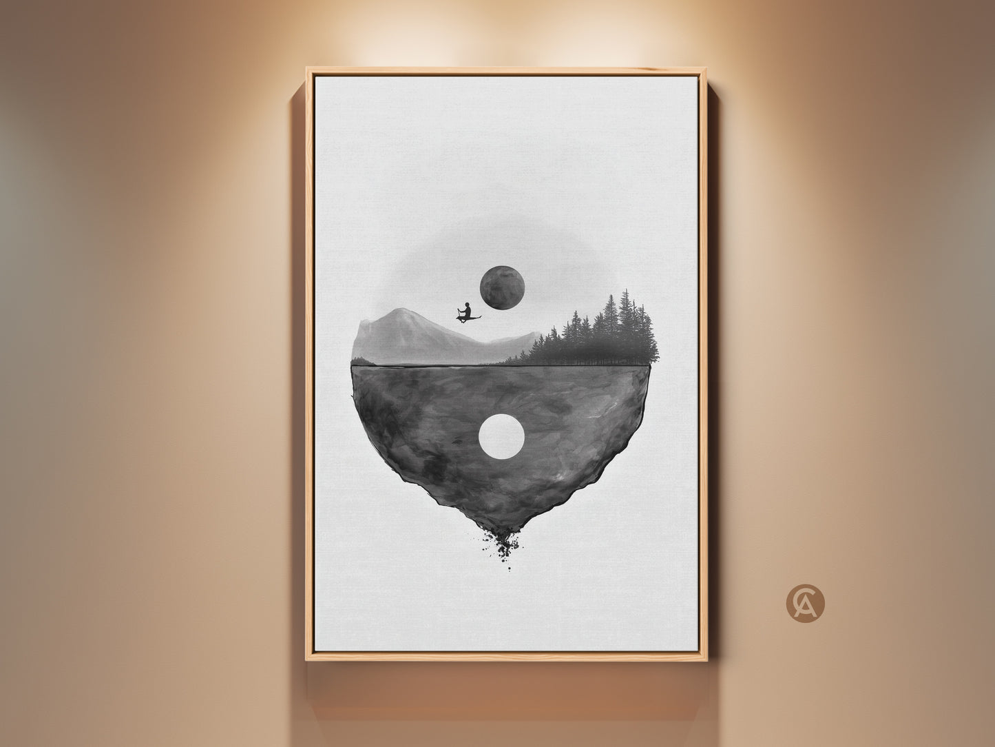 Gallery view of a framed Minimalist Floating Island Canvas Artwork. This surreal moon landscape print features a solitary figure. It's ideal for black and white abstract wall decor and makes a unique bedroom art gift. Add a touch of fantasy to your contemporary home interior.