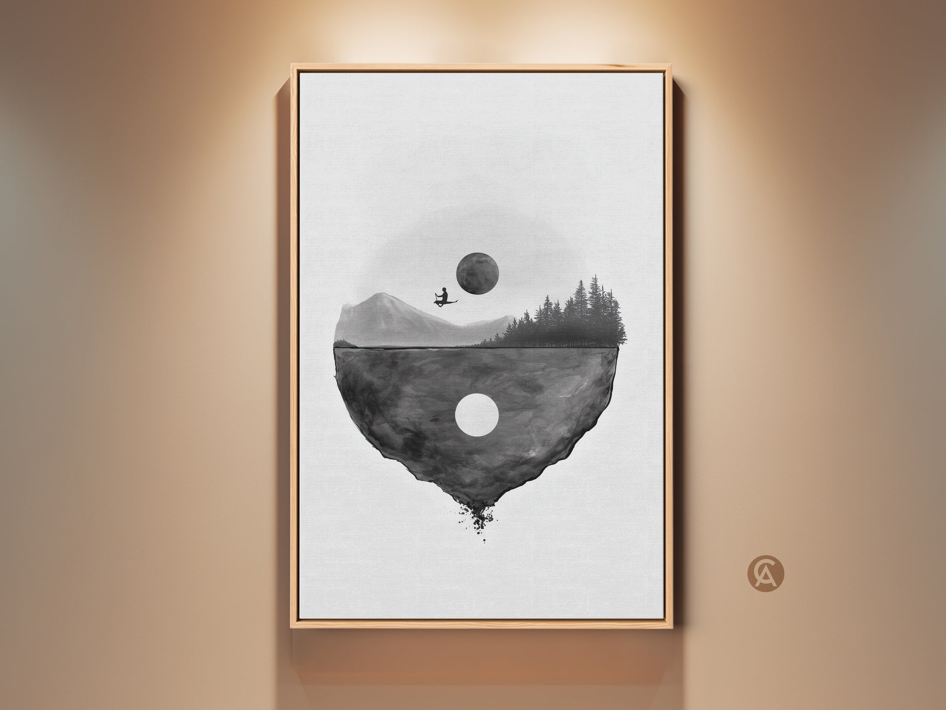 Gallery view of a framed Minimalist Floating Island Canvas Artwork. This surreal moon landscape print features a solitary figure. It's ideal for black and white abstract wall decor and makes a unique bedroom art gift. Add a touch of fantasy to your contemporary home interior.