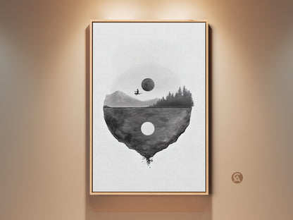 Gallery view of a framed Minimalist Floating Island Canvas Artwork. This surreal moon landscape print features a solitary figure. It's ideal for black and white abstract wall decor and makes a unique bedroom art gift. Add a touch of fantasy to your contemporary home interior.