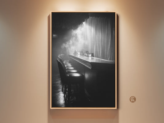Monochrome bar art print on wall. This canvas shows a cinematic nightlife scene. An industrial home decor piece with a black and white canvas. This lounge wall art makes a great housewarming gift.