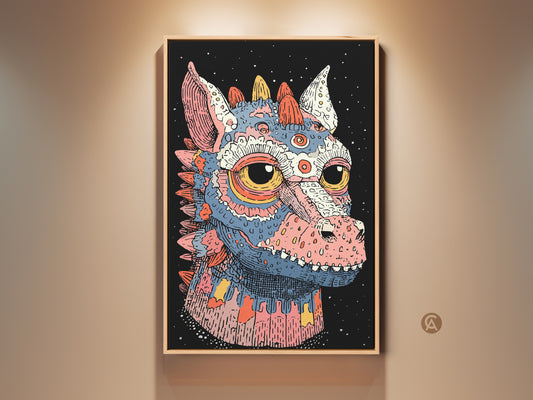 Framed Pop Surrealism dragon art print. The teal pink and blue monster wall art is framed in a wooden frame. This fantasy creature decor makes an eclectic bedroom art gift.