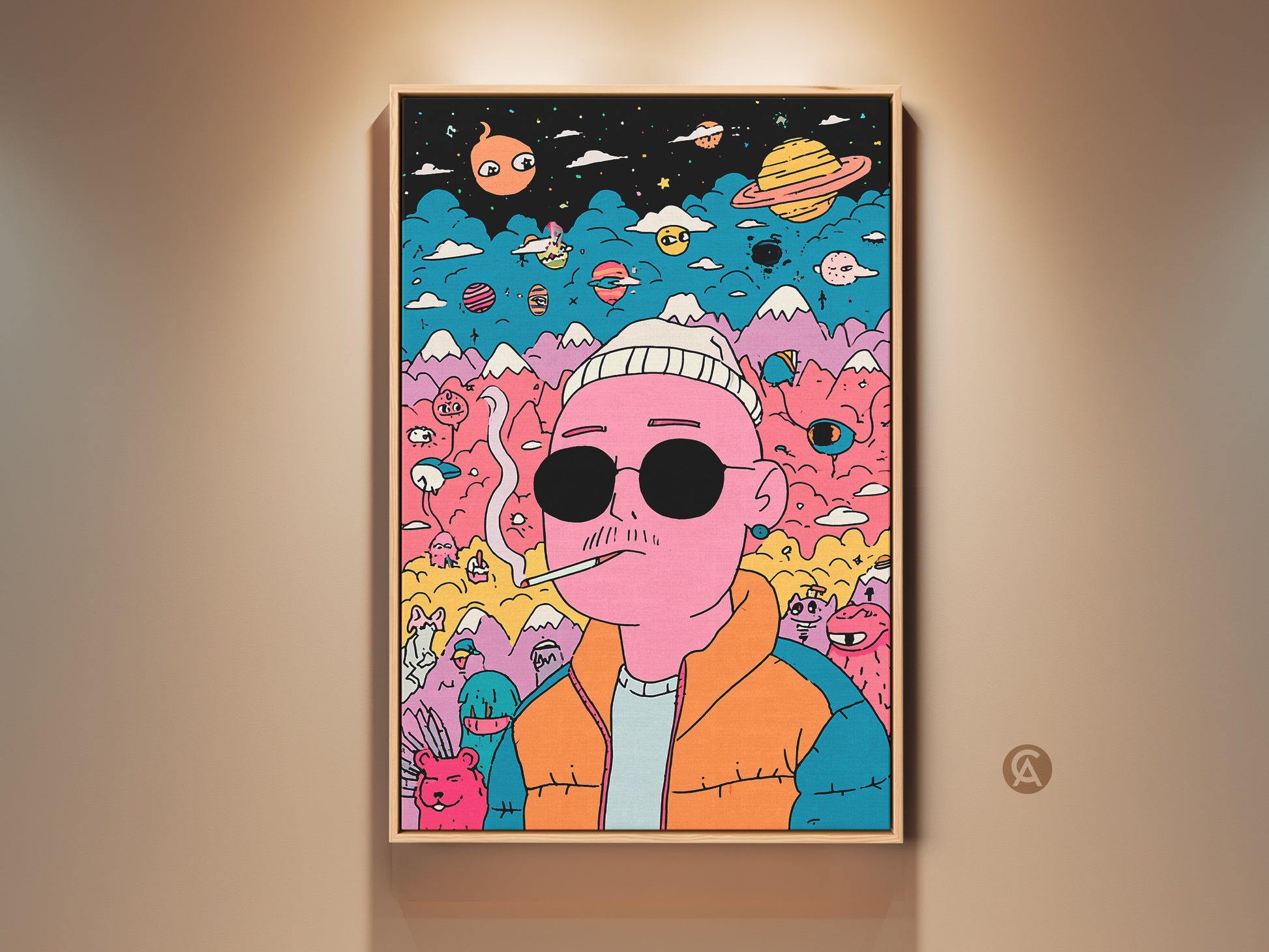 Framed surreal art print on a wall. The artwork shows a pink man smoking a cigarette. He has black sunglasses and a white beanie. There are planets mountains and colorful creatures in the background. It is a vibrant and eye-catching piece. Buy this unique art print today.