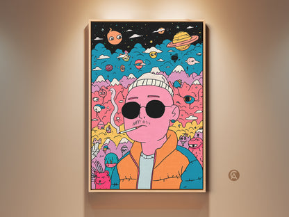 Framed surreal art print on a wall. The artwork shows a pink man smoking a cigarette. He has black sunglasses and a white beanie. There are planets mountains and colorful creatures in the background. It is a vibrant and eye-catching piece. Buy this unique art print today.
