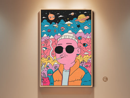 Framed surreal art print on a wall. The artwork shows a pink man smoking a cigarette. He has black sunglasses and a white beanie. There are planets mountains and colorful creatures in the background. It is a vibrant and eye-catching piece. Buy this unique art print today.
