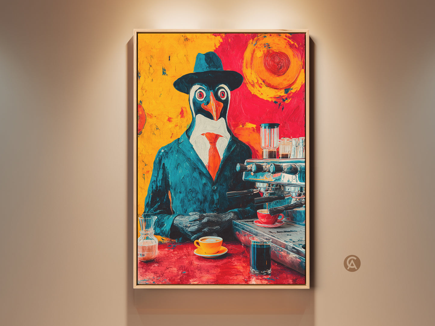 Framed penguin barista pop art print. This artwork is set against a backdrop of teal orange and yellow. The canvas is ready to hang perfect eclectic office wall decor for coffee enthusiasts. This penguin art adds a touch of humor to any home bar or cafe. A perfect conversation starter.