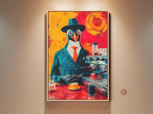 Framed penguin barista pop art print. This artwork is set against a backdrop of teal orange and yellow. The canvas is ready to hang perfect eclectic office wall decor for coffee enthusiasts. This penguin art adds a touch of humor to any home bar or cafe. A perfect conversation starter.