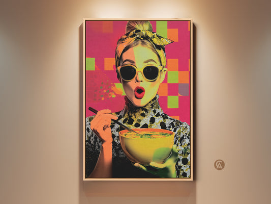 Pop Art canvas print featuring a woman enjoying soup. This contemporary foodie gift is a vibrant kitchen art piece. The yellow orange and pink abstract art adds a modern touch to any dining room. It is a bold color woman art that captures culinary delight. This eye-catching artwork is perfect for foodie lovers.