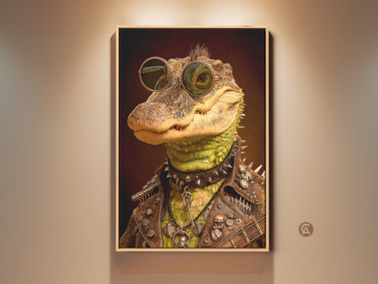 Rockstar Alligator Canvas Print adds eclectic charm to any space. This punk rock animal art features an alligator with sunglasses leather jacket & studded collar. Perfect man cave decor for music fans a unique touch to your office or home. Makes a great birthday gift.