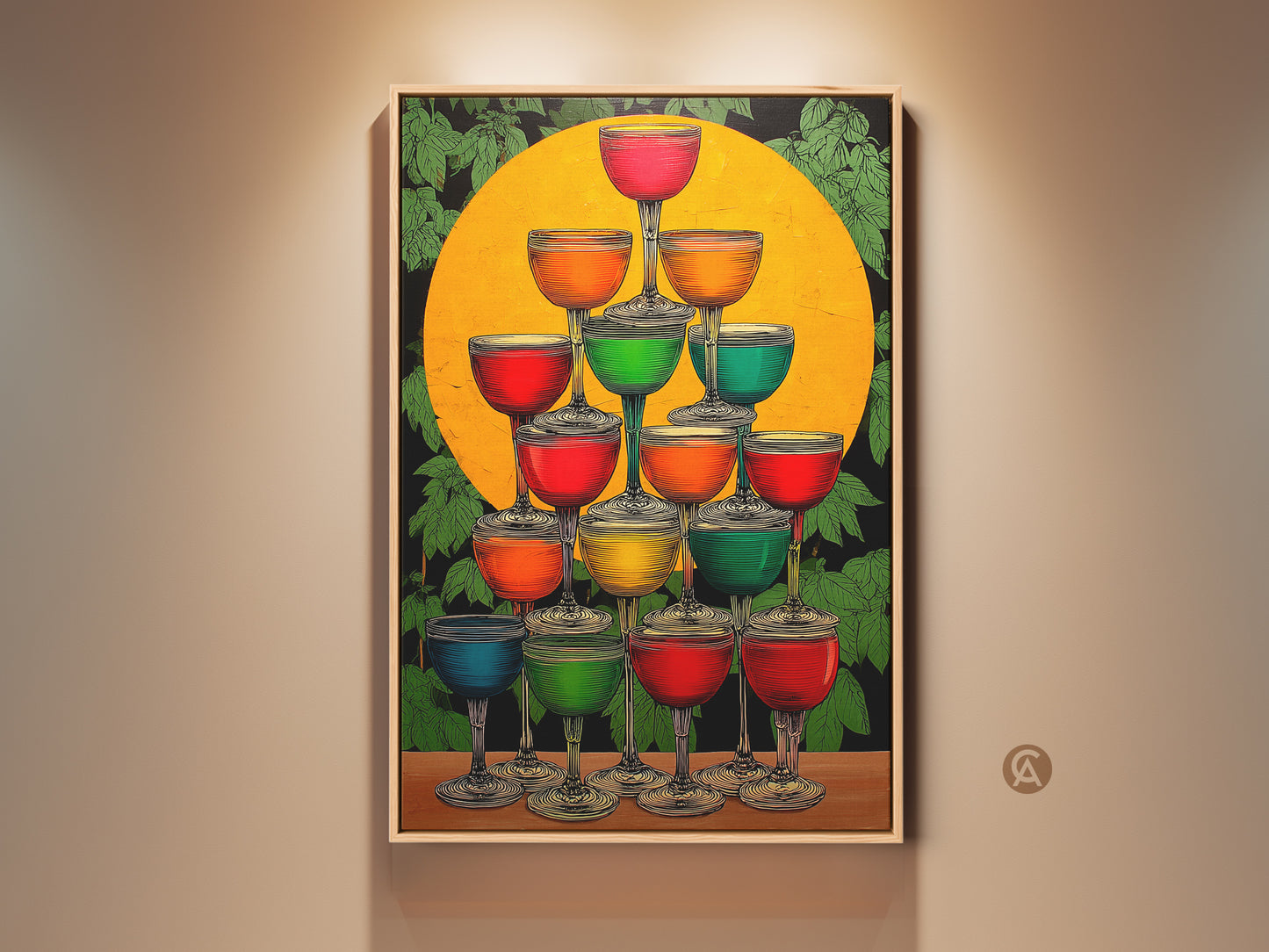 Eclectic Cocktail Glasses Wall Art Print features an Art Deco Champagne Tower. Yellow orange and green drinks pop against a background with green leaves and a golden sun. This art adds a sophisticated touch to your bar or dining room.