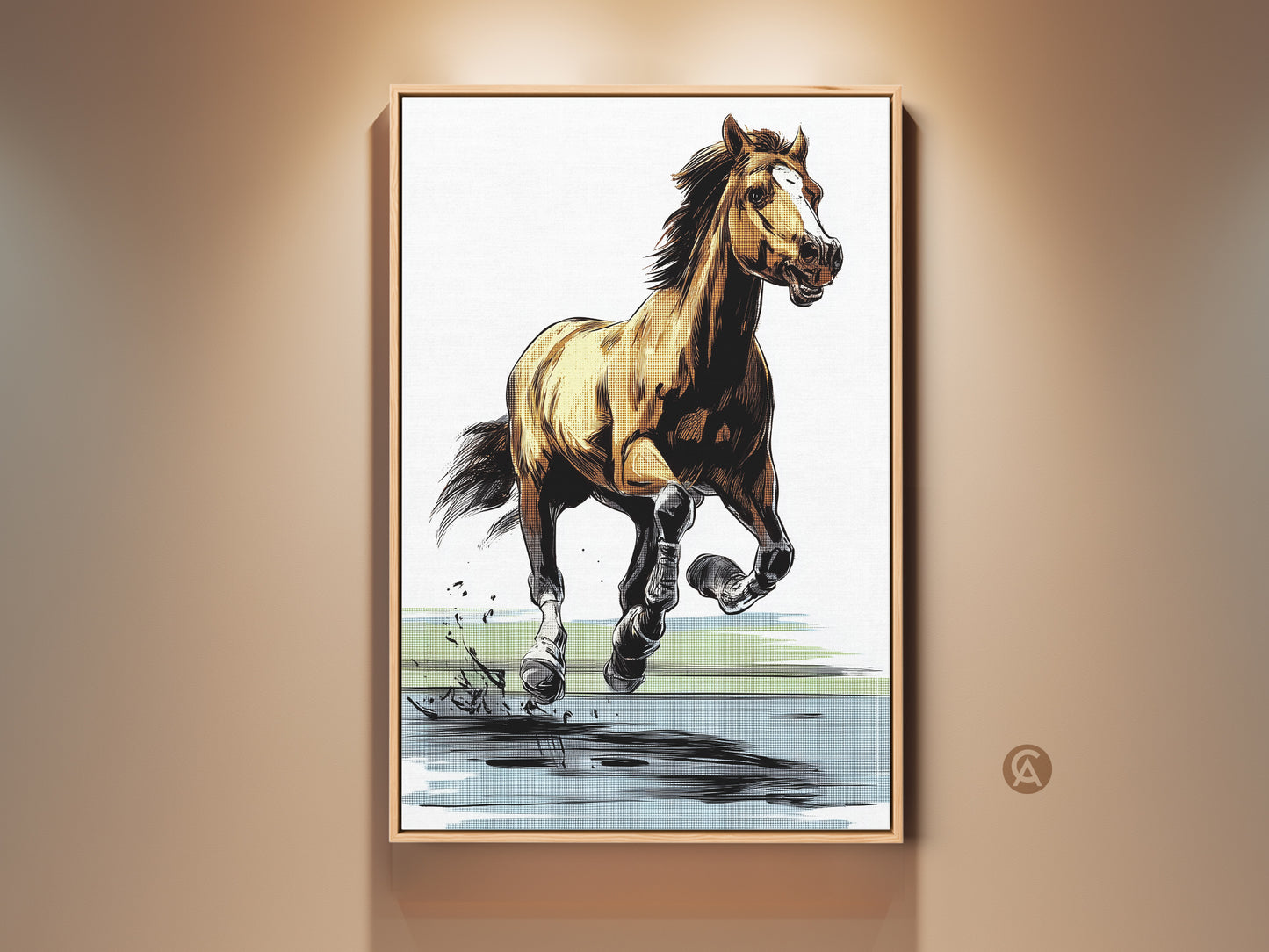 Framed graphic horse art print shows a modern equestrian sketch. The brown yellow and blue canvas adds wildlife wall decor to any room. A unique gift for horse lovers. This dynamic animal art embodies the spirit of a galloping horse. Perfect for ranch house or stable decor art.