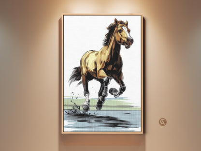 Framed graphic horse art print shows a modern equestrian sketch. The brown yellow and blue canvas adds wildlife wall decor to any room. A unique gift for horse lovers. This dynamic animal art embodies the spirit of a galloping horse. Perfect for ranch house or stable decor art.