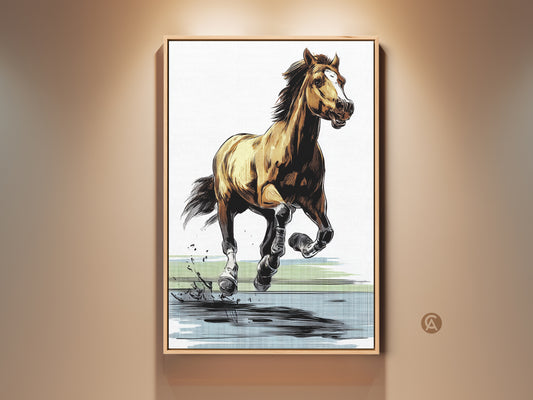 Framed graphic horse art print shows a modern equestrian sketch. The brown yellow and blue canvas adds wildlife wall decor to any room. A unique gift for horse lovers. This dynamic animal art embodies the spirit of a galloping horse. Perfect for ranch house or stable decor art.
