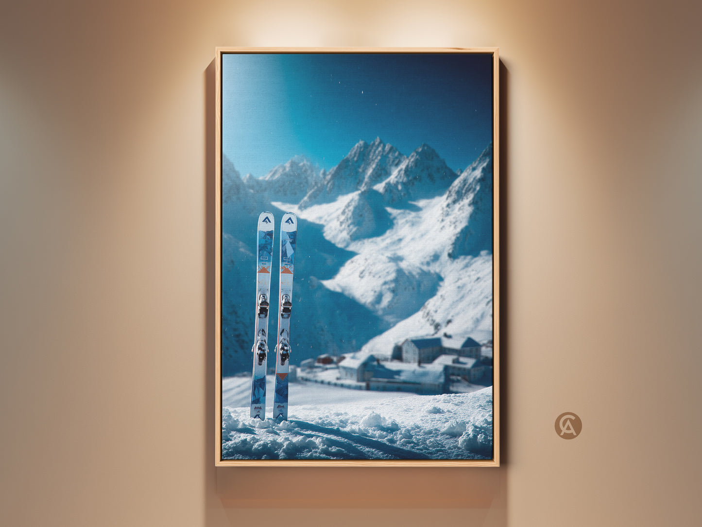 Framed ski art print. A winter mountain scene artwork. The snow covered mountains are beautiful. Skis stand in the snow. This ski art is perfect for ski lovers. Buy this framed canvas art today.