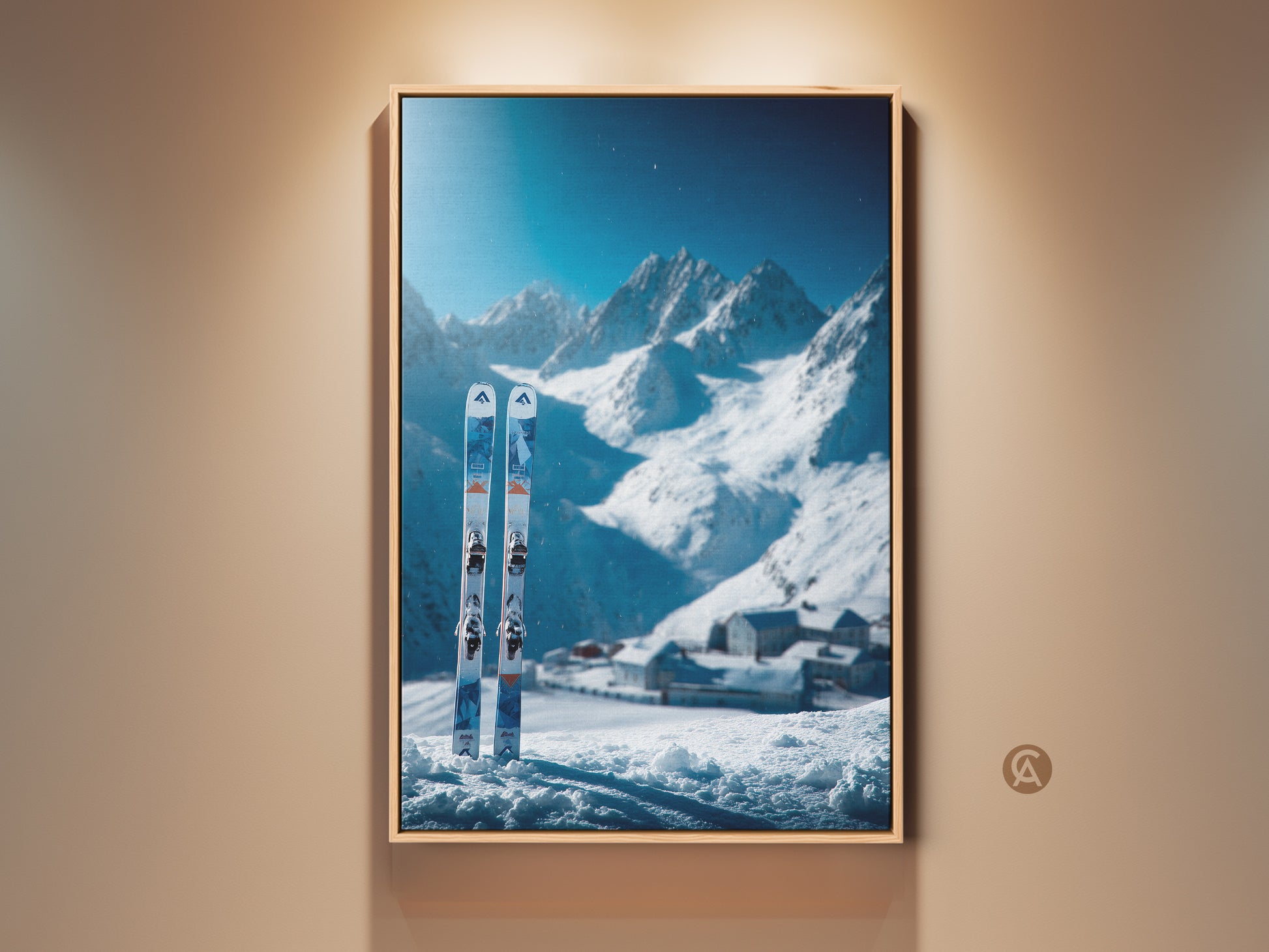Framed ski art print. A winter mountain scene artwork. The snow covered mountains are beautiful. Skis stand in the snow. This ski art is perfect for ski lovers. Buy this framed canvas art today.