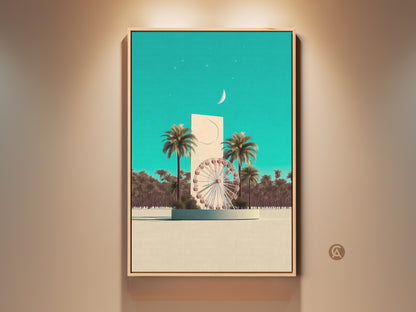 This is a surreal ferris wheel art print. Retro palm tree canvas art adds to the fun. Teal landscape wall decor enhances any room. It's travel themed artwork. Perfect housewarming gift for traveler.