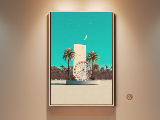 This is a surreal ferris wheel art print. Retro palm tree canvas art adds to the fun. Teal landscape wall decor enhances any room. It's travel themed artwork. Perfect housewarming gift for traveler.