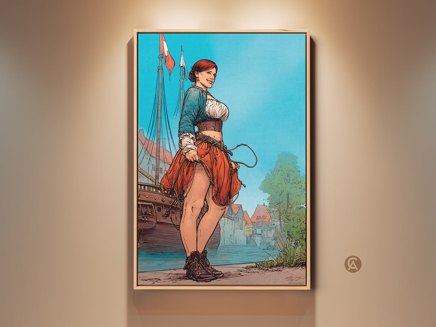 Historical Woman Sailor canvas art print on display. Nautical themed wall decor for coastal living rooms. This comic book style artwork has vibrant red blue and turquoise colors. A unique gift idea for fans of historical fiction.