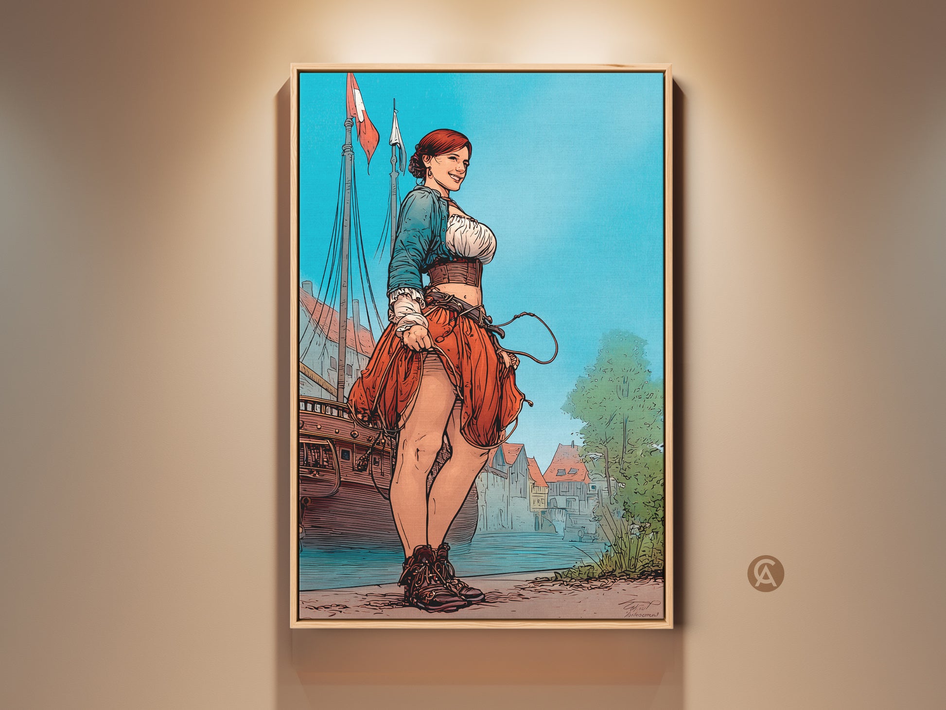 Historical Woman Sailor canvas art print on display. Nautical themed wall decor for coastal living rooms. This comic book style artwork has vibrant red blue and turquoise colors. A unique gift idea for fans of historical fiction.