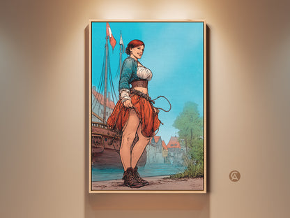 Historical Woman Sailor canvas art print on display. Nautical themed wall decor for coastal living rooms. This comic book style artwork has vibrant red blue and turquoise colors. A unique gift idea for fans of historical fiction.