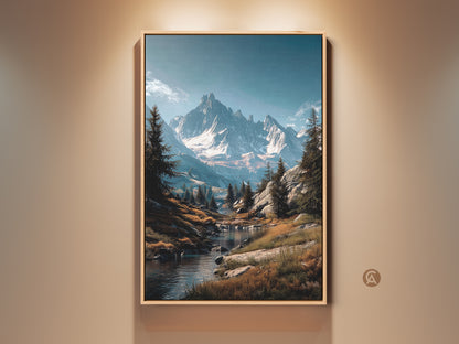 Gallery artwork featuring a majestic mountain landscape. The art piece is framed in a natural wood finish. Below the snow-capped peaks flows a gentle river. Pine trees dot the rocky terrain. A serene art print for nature lovers.