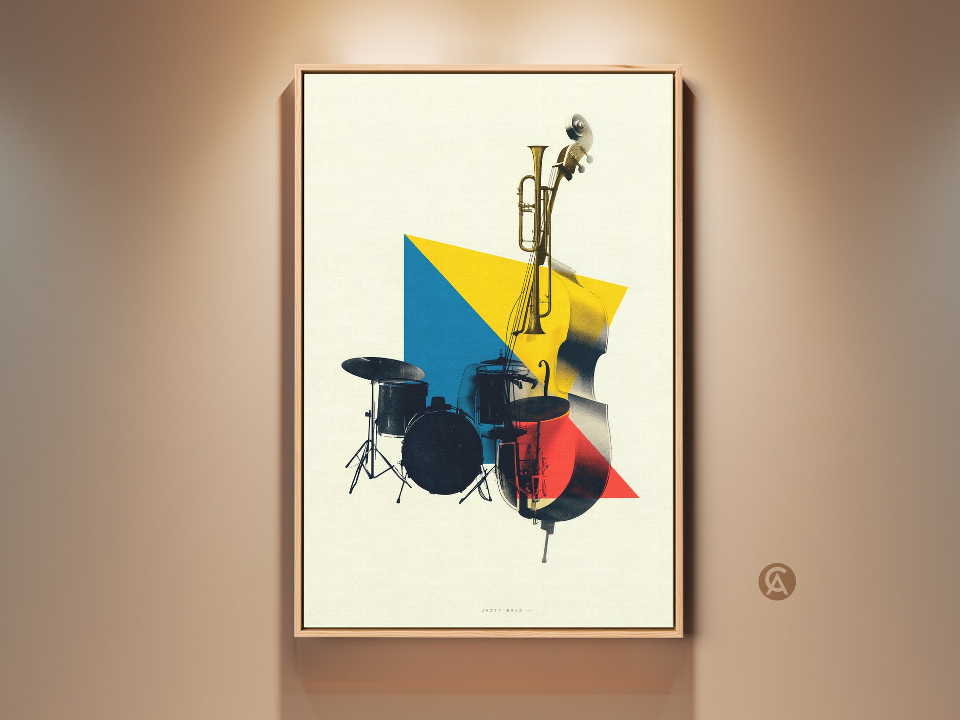 Framed geometric music wall art featuring a double bass and trumpet. This modern canvas print adds a touch of yellow blue and red artwork to an office. Perfect musician gift for home decor.