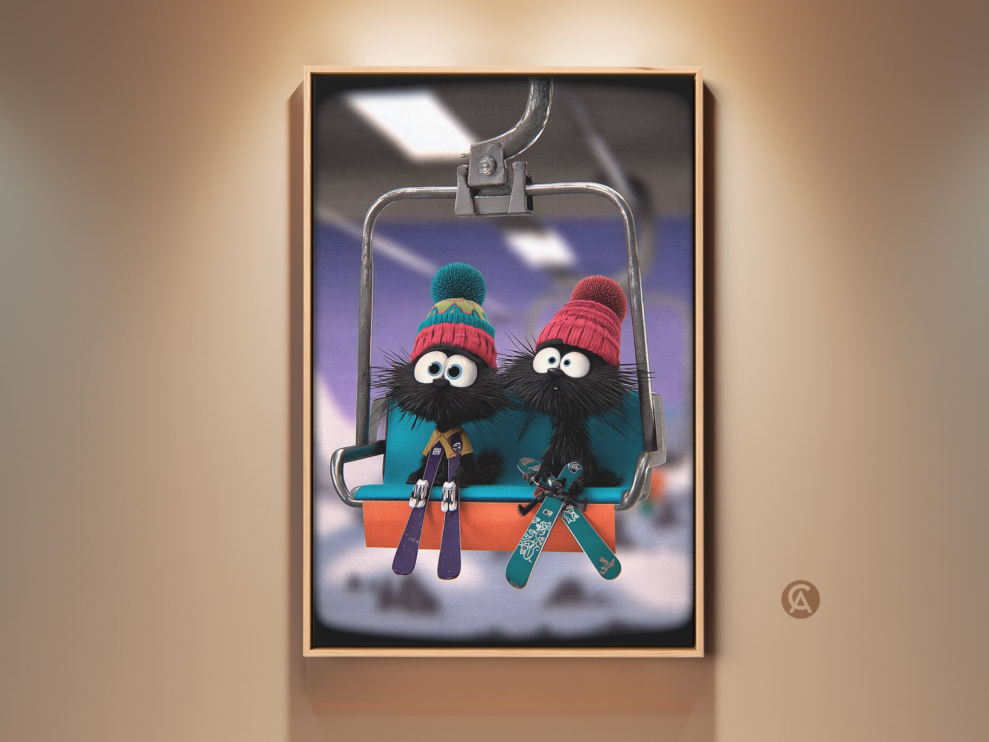 Whimsical winter art featuring cartoon furballs on a ski lift. This charming print showcases the furry friends in blue teal and red hats. The cute animal winter scene is perfect for kids' room decor. This delightful wall art brings fun and personality to any space. This is a great children's Christmas gift art.