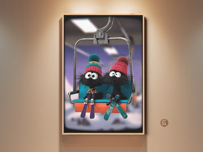 Whimsical winter art featuring cartoon furballs on a ski lift. This charming print showcases the furry friends in blue teal and red hats. The cute animal winter scene is perfect for kids' room decor. This delightful wall art brings fun and personality to any space. This is a great children's Christmas gift art.