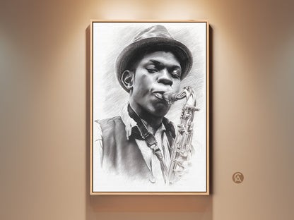 Framed pencil art of a jazz musician playing the saxophone. This fine art print captures the essence of jazz music. The musician's focus and passion is evident in this artwork. A perfect piece for music lovers. Add a touch of musical inspiration to your home decor with this unique framed art.