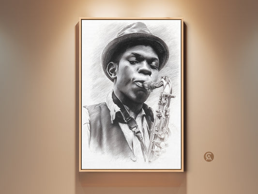 Framed pencil art of a jazz musician playing the saxophone. This fine art print captures the essence of jazz music. The musician's focus and passion is evident in this artwork. A perfect piece for music lovers. Add a touch of musical inspiration to your home decor with this unique framed art.