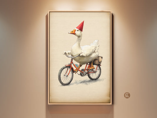 Framed eclectic art print featuring a goose on a bicycle. This vintage animal wall art adds a fun touch to any entryway. A charming gift for animal lovers with a humorous subject.