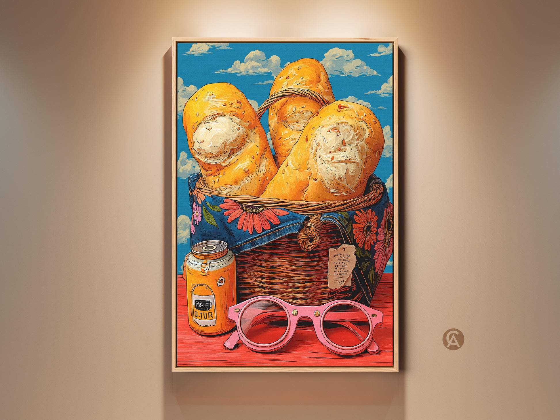 A vibrant pop art still life features bread in a basket. Retro jam jar and pink sunglasses add surreal touches. Eclectic kitchen wall art with yellow blue and orange hues. A unique housewarming gift for bakers who love colorful food artwork. Perfect for adding a fun retro vibe to cafe or home decor.