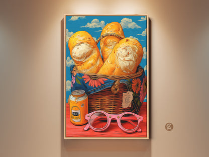 A vibrant pop art still life features bread in a basket. Retro jam jar and pink sunglasses add surreal touches. Eclectic kitchen wall art with yellow blue and orange hues. A unique housewarming gift for bakers who love colorful food artwork. Perfect for adding a fun retro vibe to cafe or home decor.